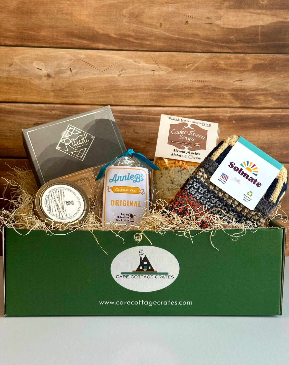 Thinking of You Gift Crate filled with a white birch candle, Ritual Drinking Hygge Chocolate,Annie B&