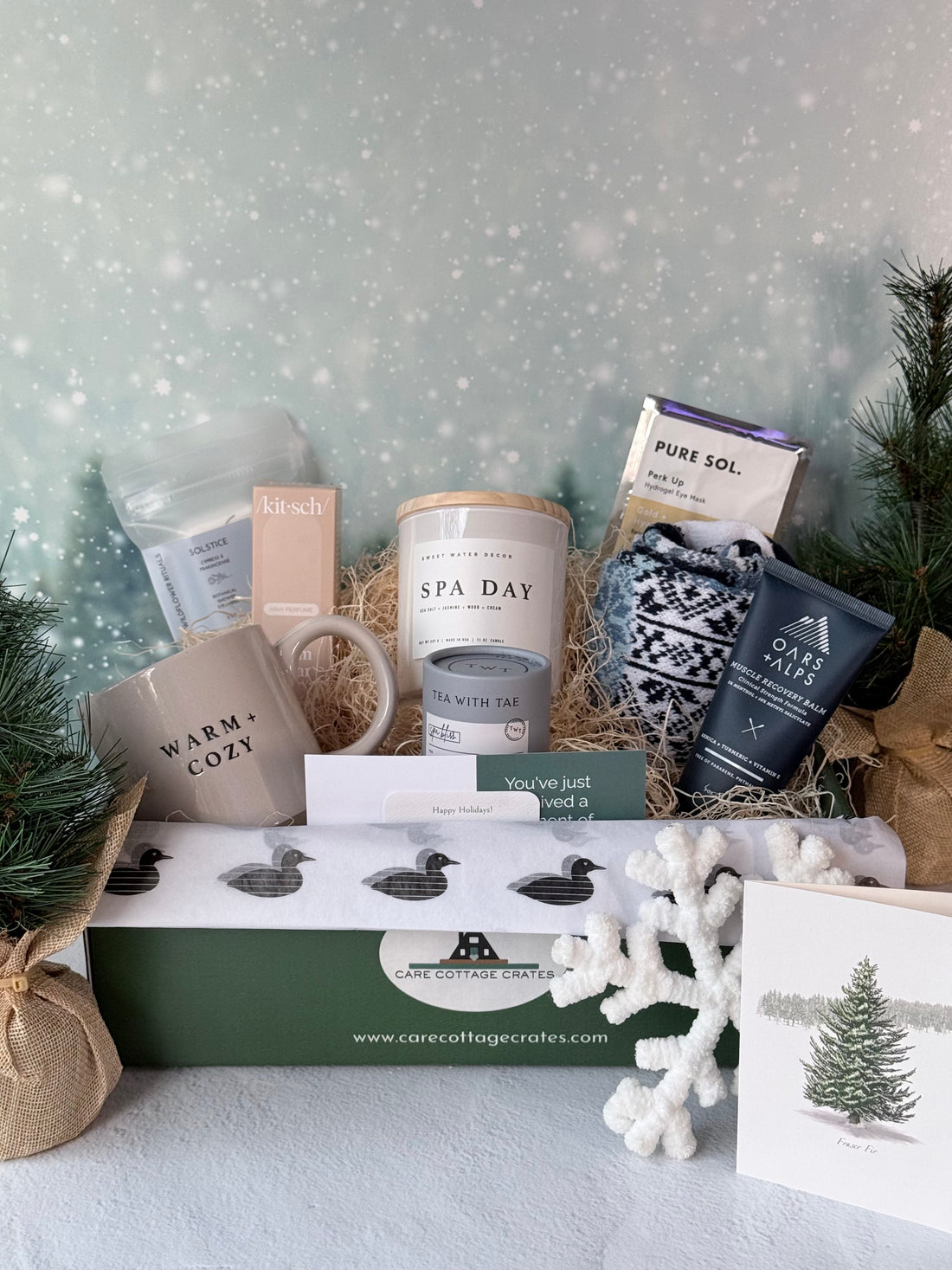 A calming spa inspired winter gift crate displayed in a green Care Cottage Crates box with pine branches. Includes Solstice shower steamers, Kitsch Warm Sugar hair perfume, a Sweet Water Decor Spa Day candle, Tea with Tae Spa Bliss tea tube, a Pure Sol eye mask, Solmate Snowdrop socks and an Oars and Alps muscle recovery balm.