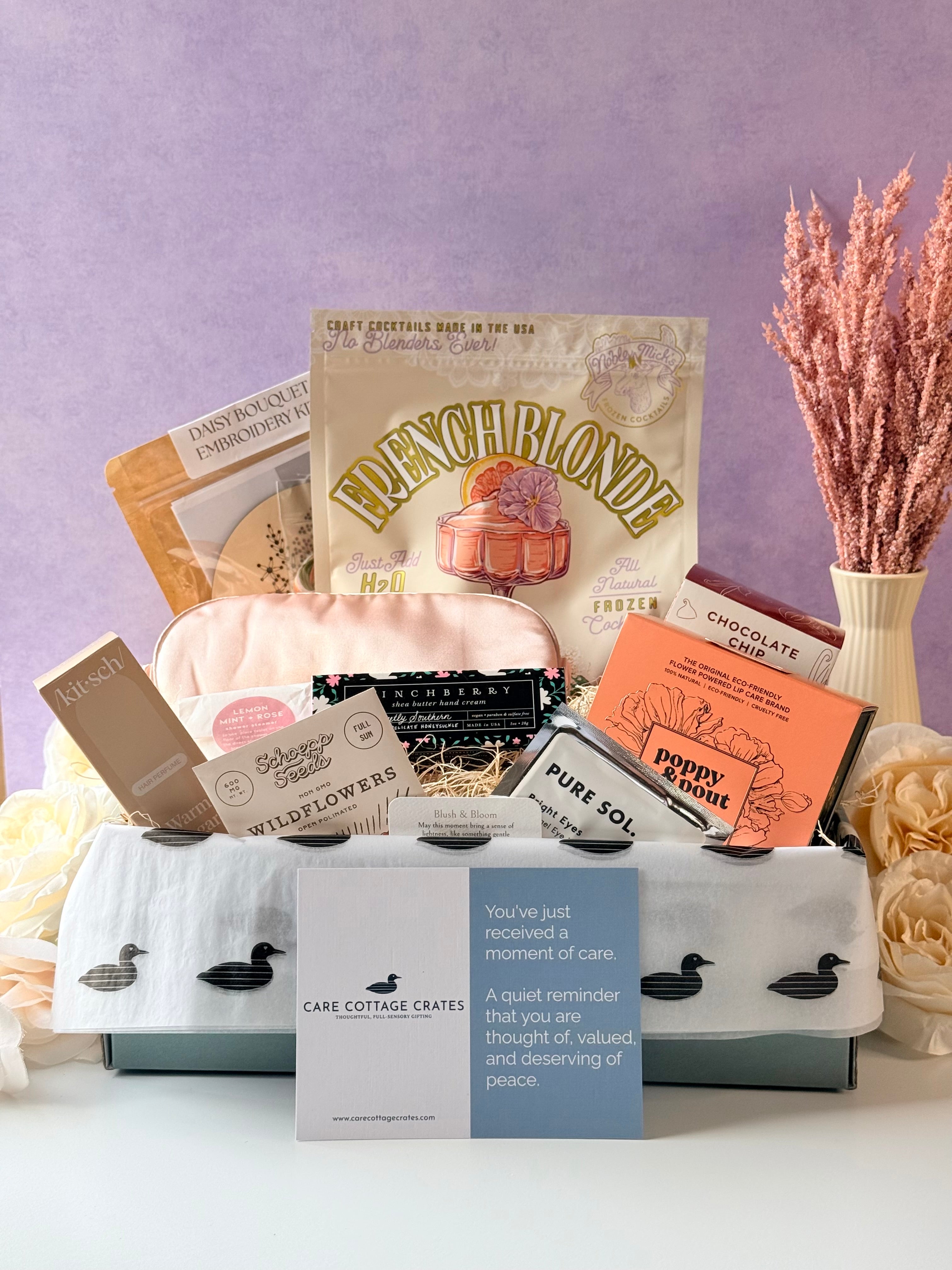 Gift Box Crate full of premium goods from small makers including an embroidery kit from Still Magnolia, French Blonde Drink Mix from Noble Mick&