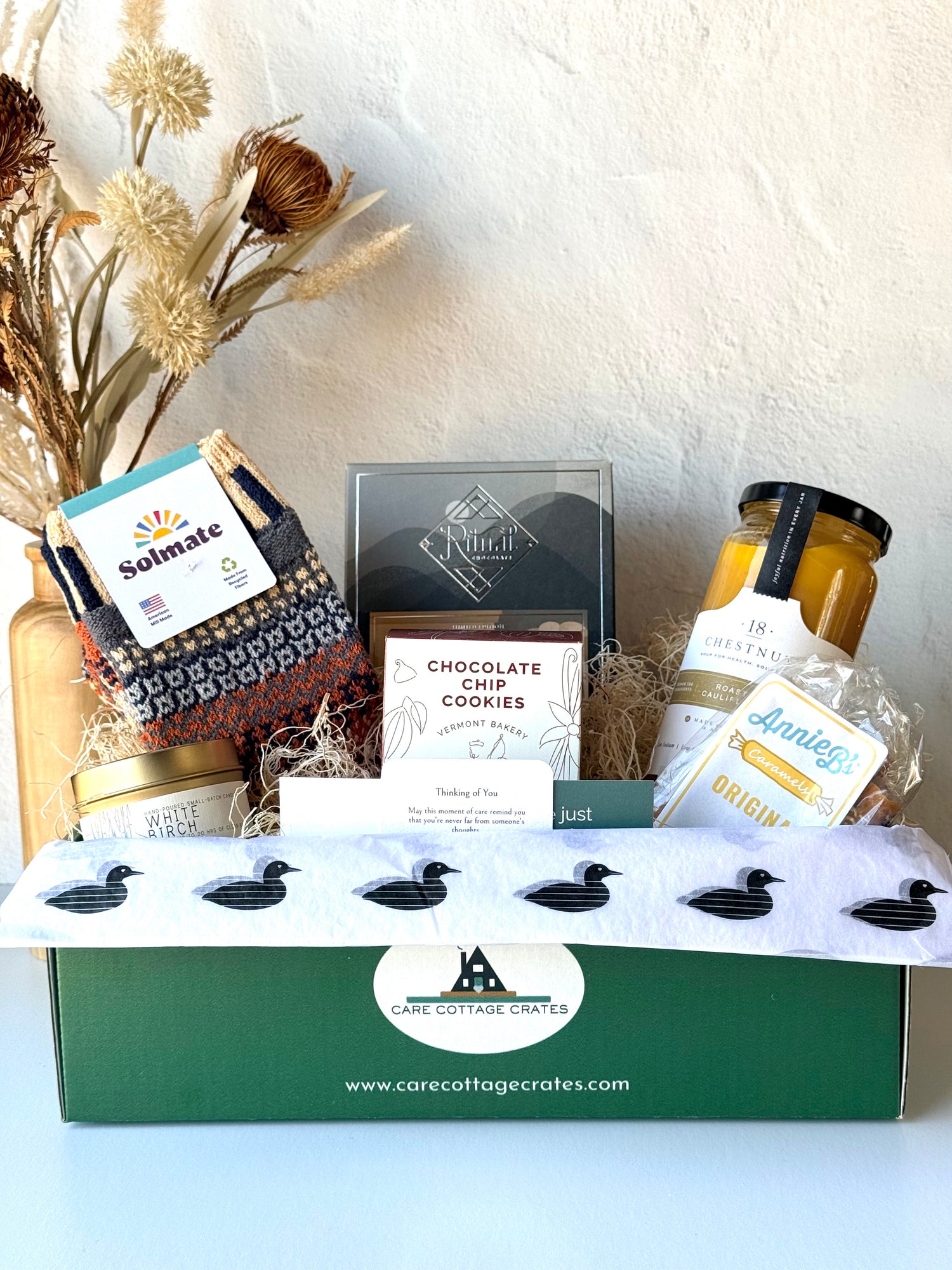Thinking of You Gift Crate with Cozy Solmate Socks, Delicious Ritual Chocolate Drinking Chocolate, 18 Chestnuts Roasted Cauliflower Soup, Annie B&