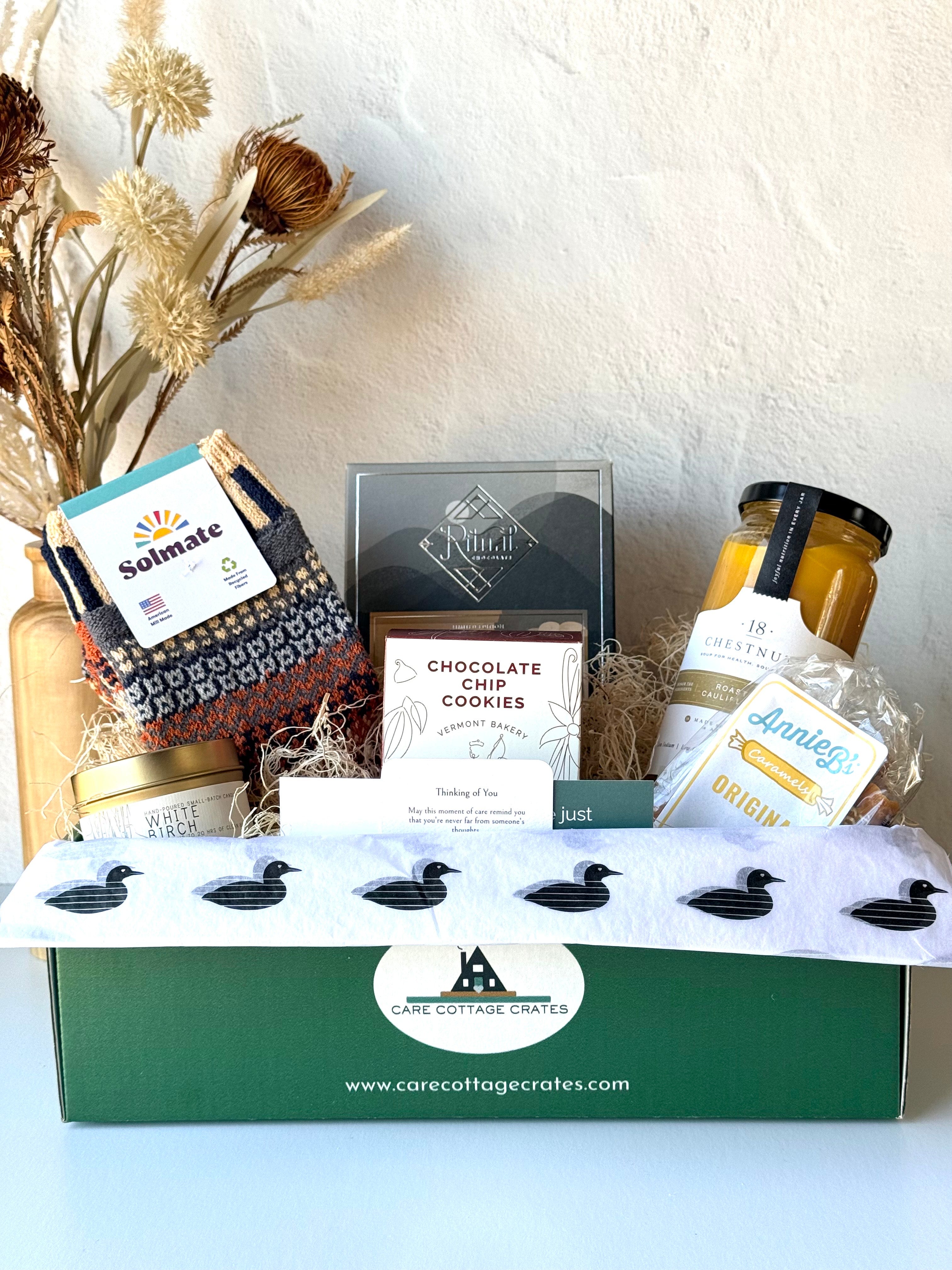Thinking of You Gift Crate with Cozy Solmate Socks, Delicious Ritual Chocolate Drinking Chocolate, 18 Chestnuts Roasted Cauliflower Soup, Annie B&